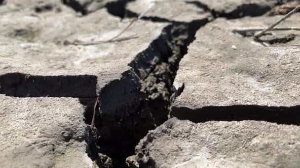 Large Deep Cracks Soil Cracked Earth Drought Tragedy Waterlessness Channel — Stock Video