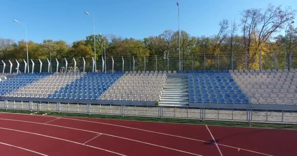 Flygfoto Stadion Utkanten Staden Mot Bakgrund Grön Park Med Stora — Stockvideo