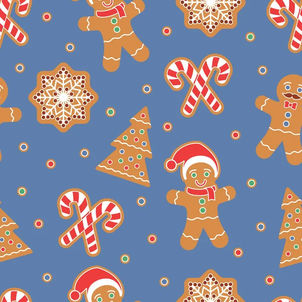 クリスマスのシームレスなパターン ジンジャーブレッドマンクッキー 雪の結晶 クリスマスツリー キャンディーの杖 包装紙 プリント スクラップブッキングのためのグラフィックデザイン要素 休日をテーマにしたデザイン — ストックベクタ