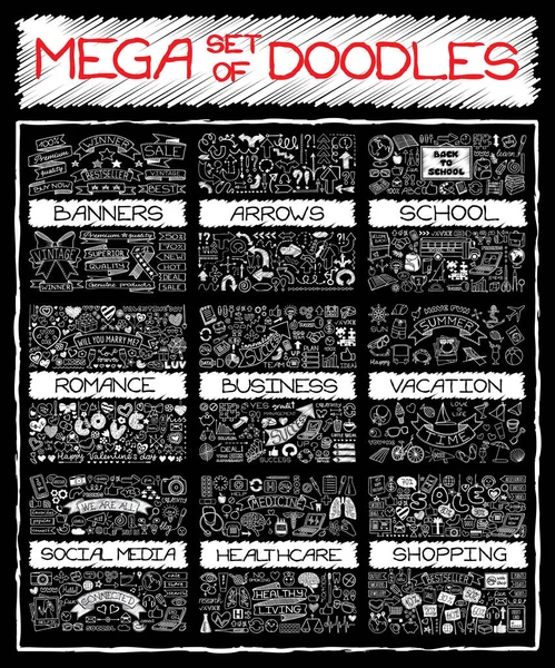 Mega Set Van Doodles Krijtbord Handgetekende Symbolen Super Collectie Van — Stockvector