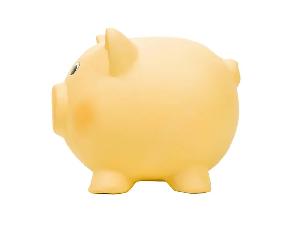 Gelbes Keramik Sparschwein Seitenansicht Isoliert Auf Weißem Hintergrund — Stockfoto