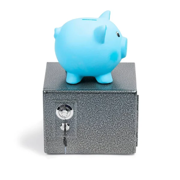 Blauwe Keramische Spaarpot Een Veilige Geïsoleerde Witte Achtergrond Bancaire Besparingen — Stockfoto