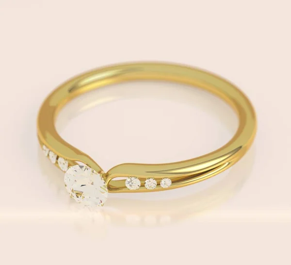 Guld Ring Med Stor Och Små Diamanter Rosa Bakgrund Illustration — Stockfoto
