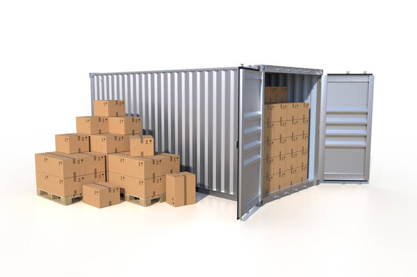 Судовой грузовой контейнер вид сбоку, открытые двери, полные картонных коробок. Куча картонных коробок на поддоне. 3D иллюстрация