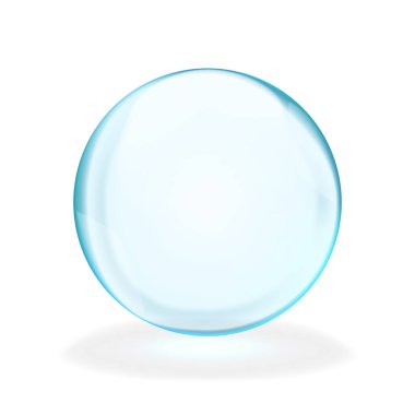 Beyaz arka planda izole edilmiş, parlak, gölge ve şeffaflık içeren mavi şeffaf ışık kabarcığı ya da küre. Vektör illüstrasyonu