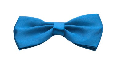 Blue satin bow tie, formal dress code necktie accessory. Isolated on white background