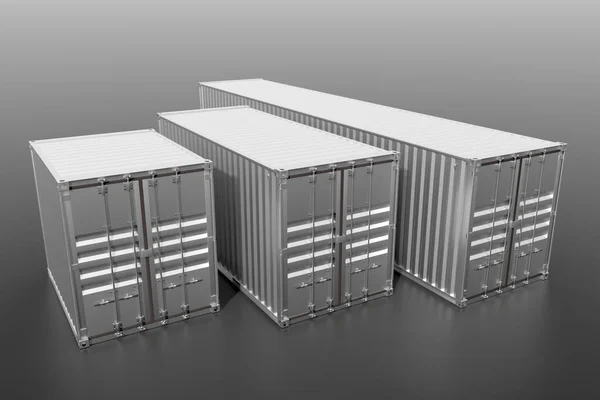 Set of 3 ship cargo containers 10 20 40 feet length. Grey metallic freight box on grey background. Marine logistics, harbor warehouse, customs, transport shipping concept. 3D illustration