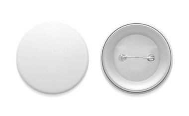 Blank white round pin. Graphic design element for slogans, sale announcements, corporate identity, scrapbooking. Empty badge template, front and back. Vector illustration