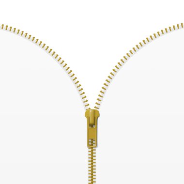 Zipper lock half open, blank mockup, revealing a message or content discovery concept, isolated on white background. Realistic vector illustration