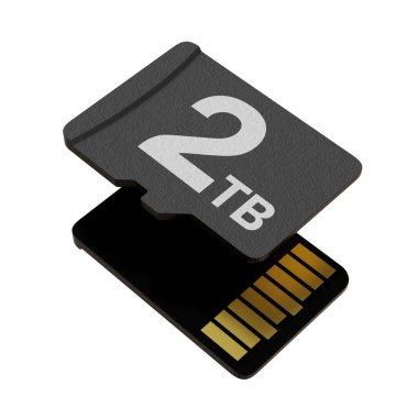 Memory card with 2 TB capacity, MicroSD flash storage disc isolated on white background. 3D illustration