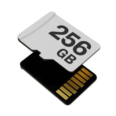 Memory card with 256 GB capacity, MicroSD flash storage disc isolated on white background. 3D illustration
