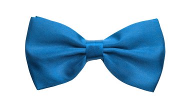 Blue satin bow tie, formal dress code necktie accessory. Isolated on white background
