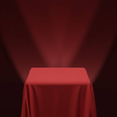 Kırmızı arka planı ve sahne ışıkları olan bir masa ya da küpü kaplayan kırmızı kumaş. Ürün ekranı, örtülü masa olarak kullanılabilir. Vektör illüstrasyonu