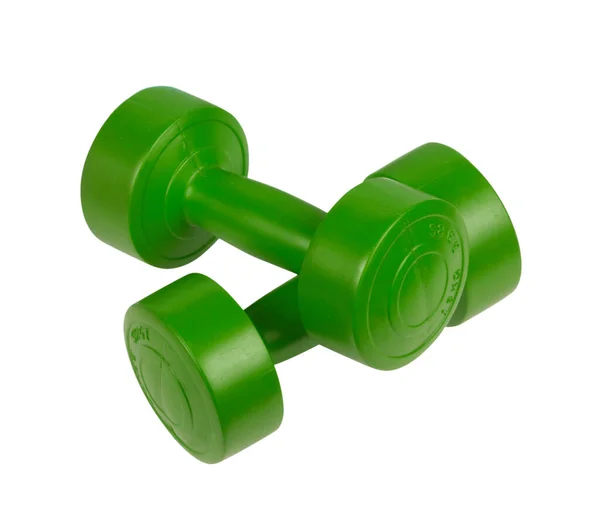Two Bright Colored Athletic Rubber Dumbbells Isolated White Background — Stock Photo, Image