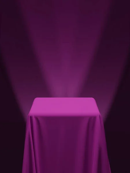 Рожева Тканина Покриває Куб Або Стіл Рожевим Фоном Точковими Світильниками — стоковий вектор