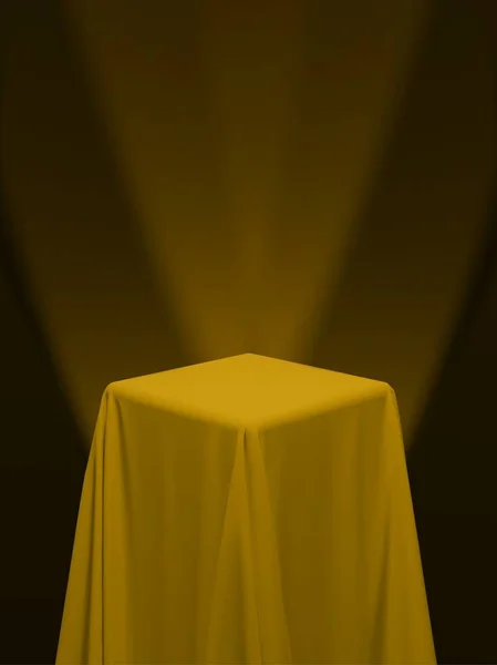 Κίτρινο Ύφασμα Που Καλύπτει Έναν Κύβο Ένα Τραπέζι Κόκκινο Φόντο — Διανυσματικό Αρχείο