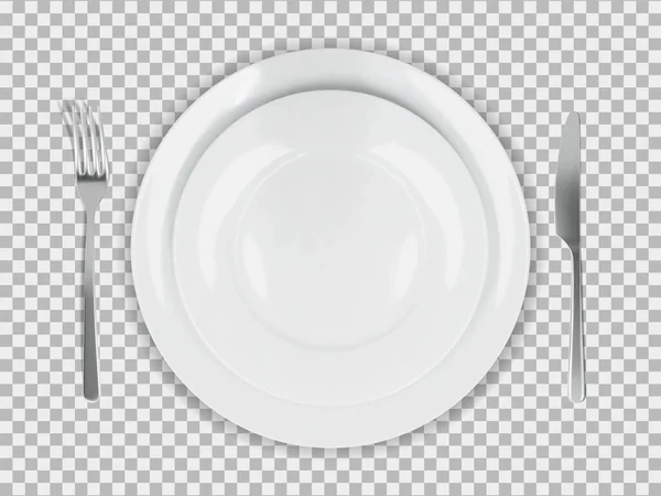 Δύο Λευκά Στρογγυλά Άδεια Πιάτα Πάνω Όψη Πιρούνι Και Μαχαίρι — Διανυσματικό Αρχείο