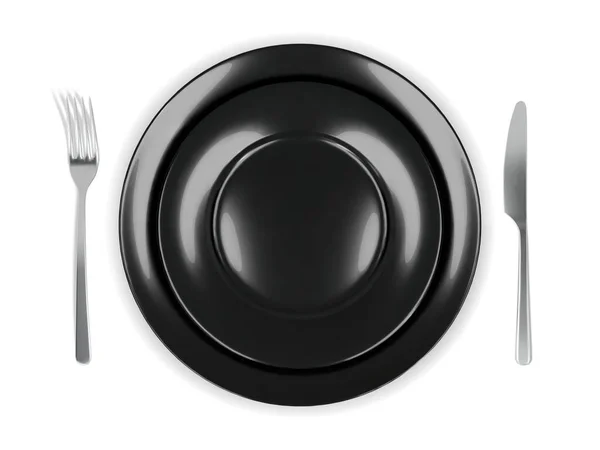 Δύο Μαύρα Στρογγυλά Άδεια Πιάτα Πάνω Όψη Πιρούνι Και Μαχαίρι — Διανυσματικό Αρχείο