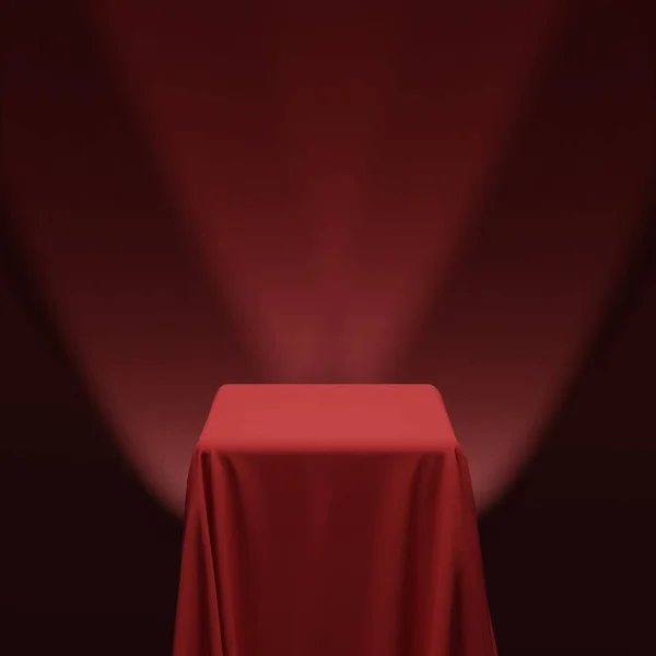 Tecido Vermelho Cobrindo Cubo Uma Mesa Com Fundo Vermelho Holofotes —  Vetores de Stock