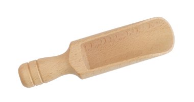 Tahta kepçe kaşığı beyaz arka planda izole üst görünüm