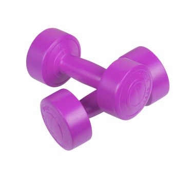 Two bright colored athletic rubber dumbbells isolated on white background