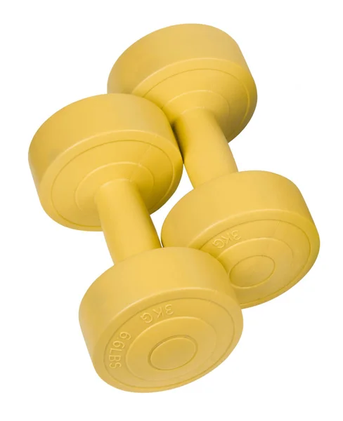 Two Bright Colored Athletic Rubber Dumbbells Isolated White Background — Photo