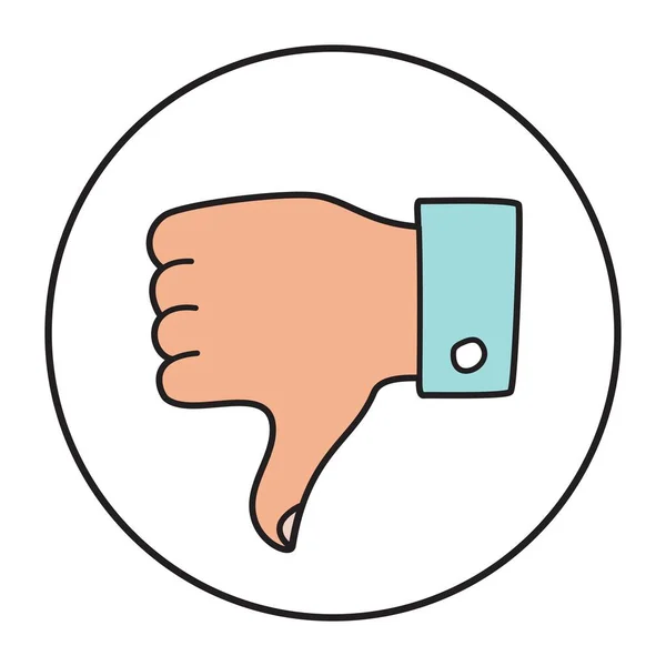 アイコンやロゴを親指を下に人形 手描きのジェスチャーシンボルは 着色とラインアートスタイルで 不人気 投票の概念 ベクターイラスト — ストックベクタ