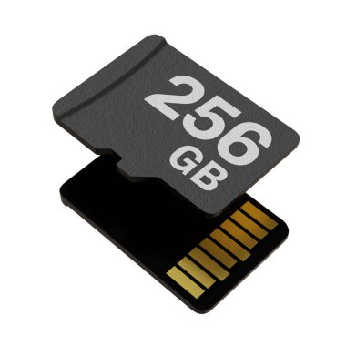 Memory card with 256 GB capacity, MicroSD flash storage disc isolated on white background. 3D illustration