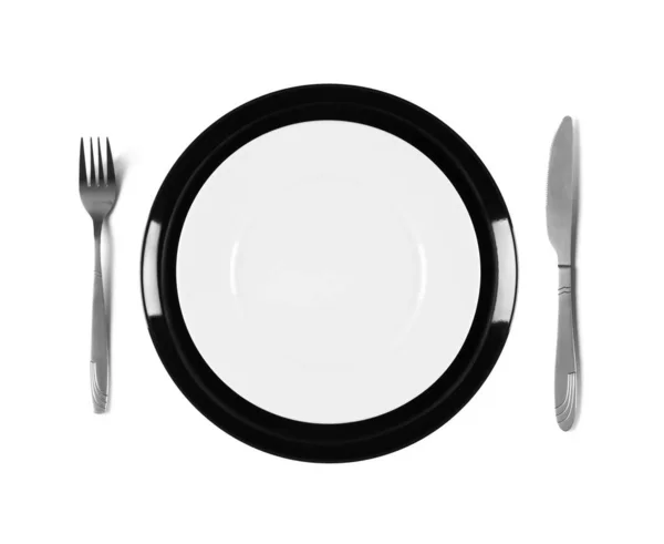 Deux Plaques Empilées Noir Blanc Avec Fourchette Couteau Vue Aérienne — Photo