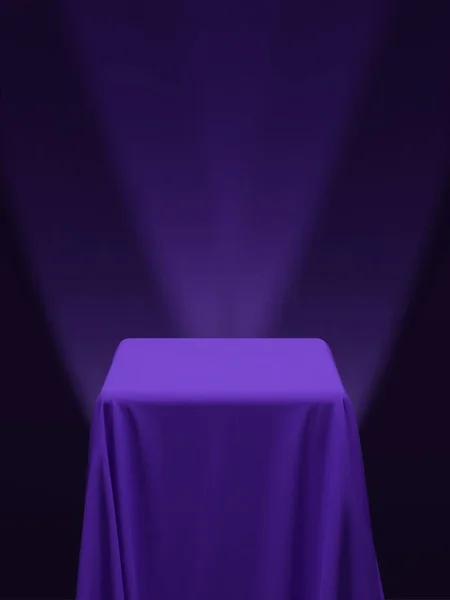 Tissu Violet Couvrant Cube Une Table Avec Fond Violet Projecteurs — Image vectorielle