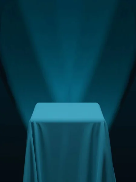 茶绿色的蓝色面料覆盖一个立方体或一张桌子 有紫色的背景和舞台聚光灯 可用作产品展台 遮阳台等 矢量说明 — 图库矢量图片