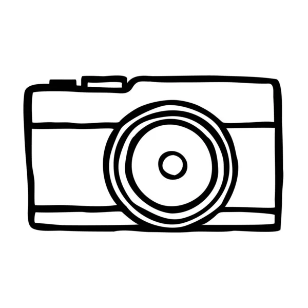 Ручной Рисунок Иконки Фотокамеры Тонкой Черной Линией Изолированный Белом Фоне — стоковый вектор
