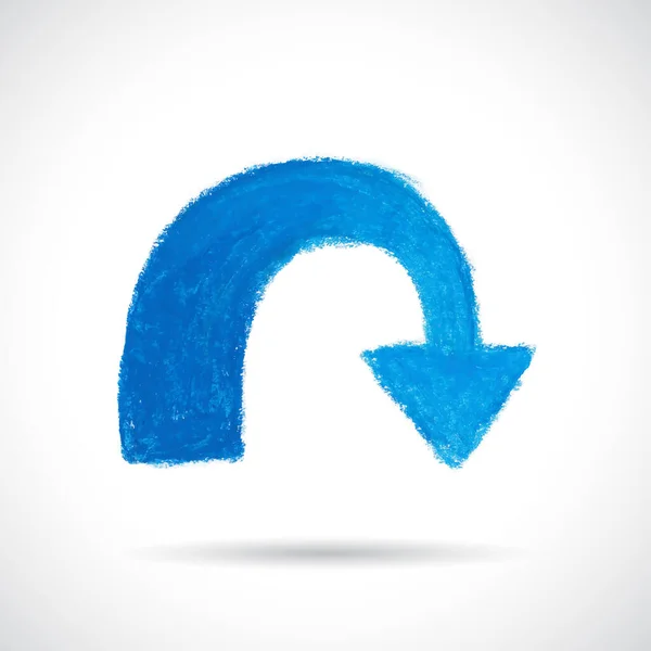 青の曲線矢印 オイル パステル クレヨンで描かれた手 白い背景で隔離の抽象的なデザイン要素 — ストックベクタ
