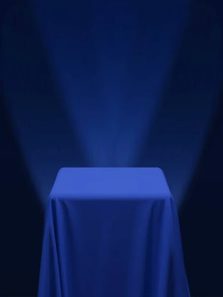 Синяя Ткань Покрывающая Куб Стол Синим Фоном Прожекторами Сцены Использоваться — стоковый вектор