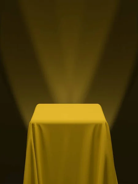 Κίτρινο Ύφασμα Που Καλύπτει Έναν Κύβο Ένα Τραπέζι Κόκκινο Φόντο — Διανυσματικό Αρχείο