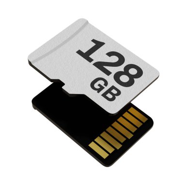 Memory card with 128 GB capacity, MicroSD flash storage disc isolated on white background. 3D illustration
