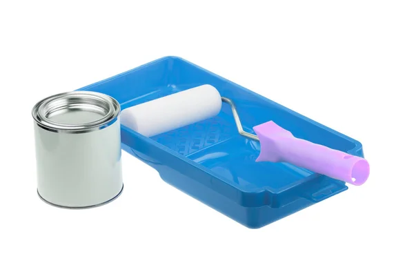 Blue Plastic Paint Tray Generic Can Paint White Roller Painting — Stock Photo, Image