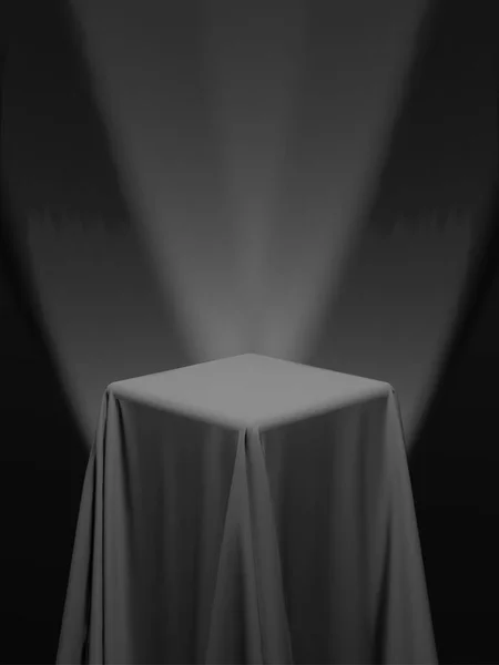 Чорна Тканина Покриває Куб Або Стіл Чорним Фоном Точковими Світильниками — стоковий вектор