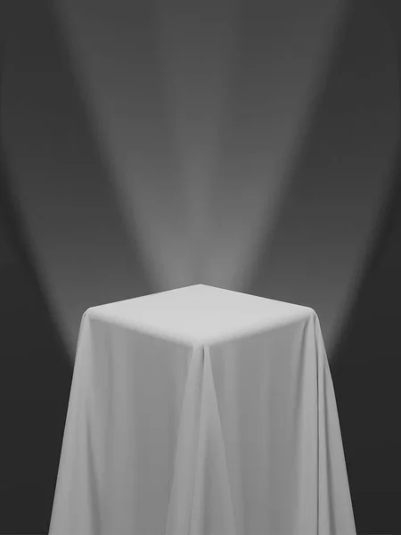 Tessuto Bianco Che Copre Cubo Tavolo Con Sfondo Bianco Riflettori — Vettoriale Stock