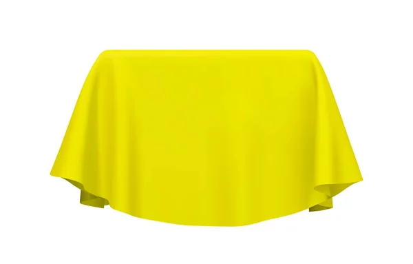 白い背景に隔離されたキューブまたは長方形をカバーする黄色の生地 製品ディスプレイのスタンド ドレープテーブルとして使用できます ベクターイラスト — ストックベクタ