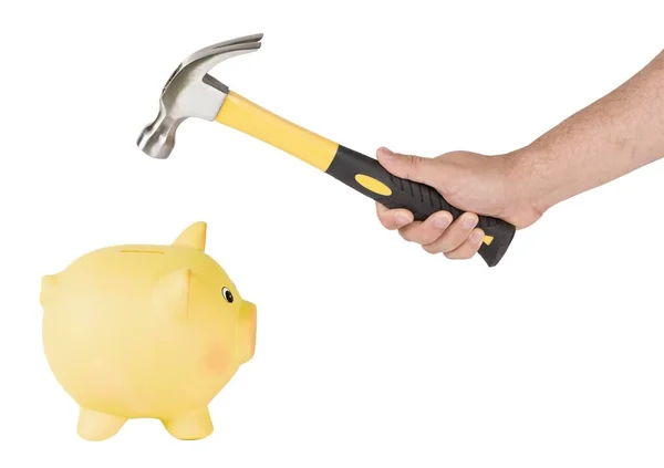 Man Holding Hammer Breaking Piggy Bank Using Savings Concept Isolated — Stock Photo, Image