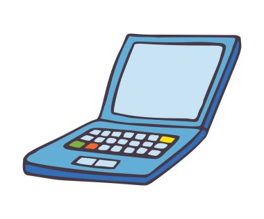 Dizüstü bilgisayar simgesini aç. Beyaz arka planda izole edilmiş renkli el çizimi bilgisayar sembolü. Vektör illüstrasyonu