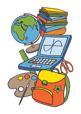 Elle çizilmiş okul pankartı. Renkli simgeler beyaz arkaplanda izole edildi. Vektör illüstrasyonu