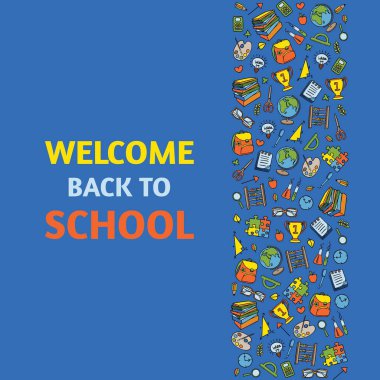 Doodle Okul Posterine Hoş Geldin. Okul davetiye şablonu, satış broşürü ve tebrik kartı için el çizimi grafiksel tasarım unsurları. Eğitim, satış konsepti sağlar. Vektör illüstrasyonu