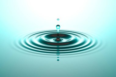 Su damlası ya da yağmur damlası su yüzeyine düşer. Güneş ışığına yansıyan sıvı dalgalanma, makro görüntü. Soyut arkaplan, 3 boyutlu illüstrasyon