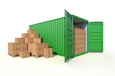 Gemi kargo konteynırının yan görüntüsü, açık kapılar, karton kutularla dolu. Paletin üzerinde karton kutular var. 3B illüstrasyon