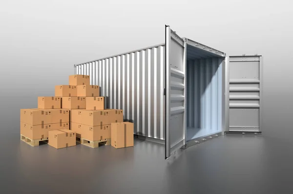 Vedere Laterală Containerului Marfă Uși Deschise Goale Grămadă Cutii Carton — Fotografie, imagine de stoc