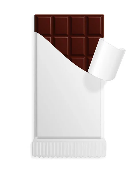 Barra Chocolate Amargo Oscuro Una Maqueta Envoltura Blanco Dulce Plantilla — Vector de stock