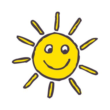 Gülümseyen güneş ikonu. Beyaz arka planda izole edilmiş renkli bir el çizimi güneş hava sembolü. Vektör illüstrasyonu