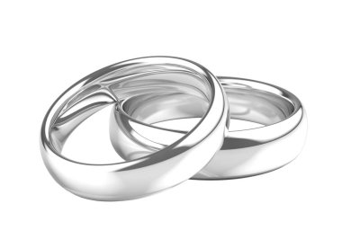 Beyaz arka planda iki gümüş ya da beyaz alyans. Aşk ve evlilik kavramı. 3B illüstrasyon.